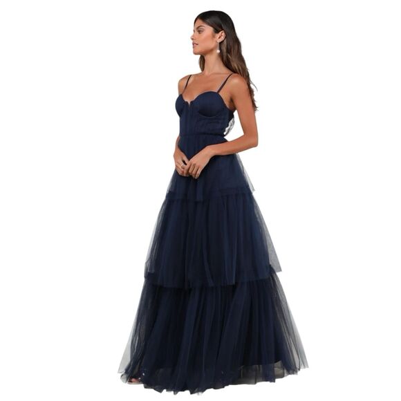 Lulus Unforgettable Poise Maxi Dress Womens M Tiered Tulle Blue Bustier Gown NWT - Picture 4 of 8